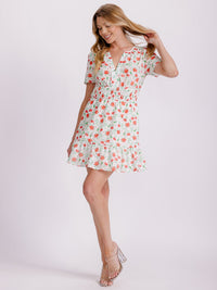 WOMEN'S SHORT SLEEVE V-NECK SMOCK WAIST EYELET FLORAL MINI DRESS