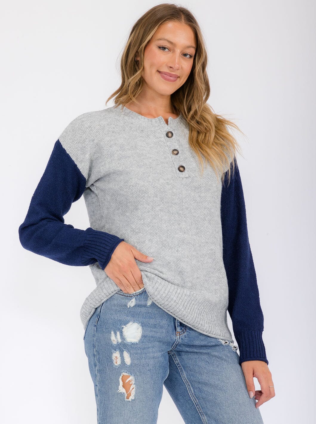 WOMEN'S LONG SLEEVE BUTTON UP COLORBLOCK BLOUSE TOP