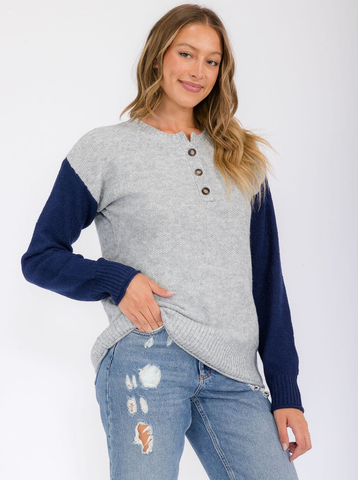 WOMEN'S LONG SLEEVE BUTTON UP COLORBLOCK BLOUSE TOP