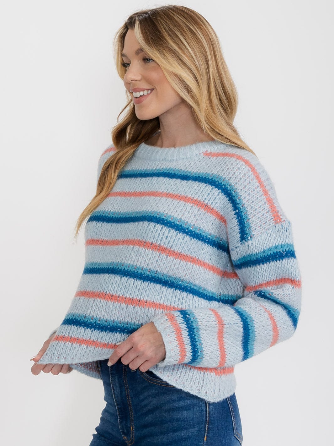 WOMEN'S LONG SLEEVE STRIPES COLORBLOCK PULLOVER SWEATER