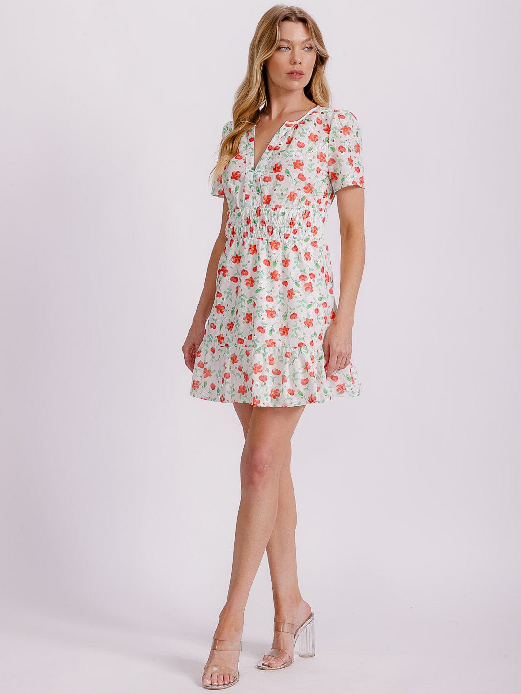 WOMEN'S SHORT SLEEVE V-NECK SMOCK WAIST EYELET FLORAL MINI DRESS