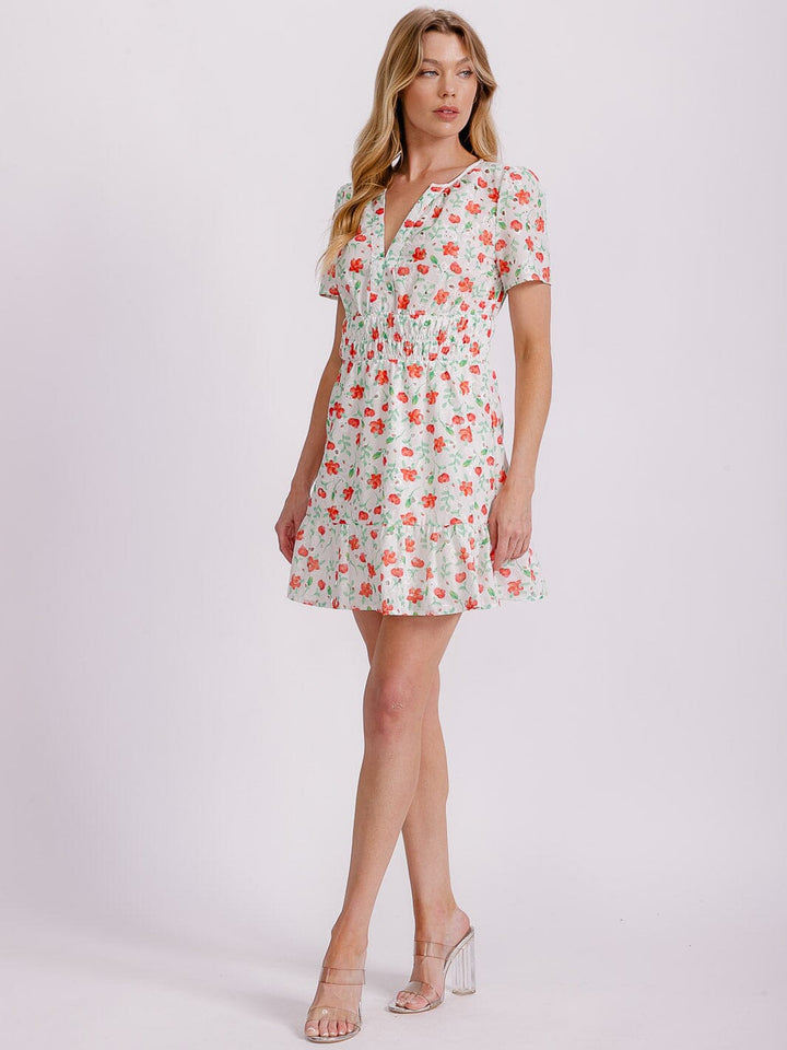 WOMEN'S SHORT SLEEVE V-NECK SMOCK WAIST EYELET FLORAL MINI DRESS