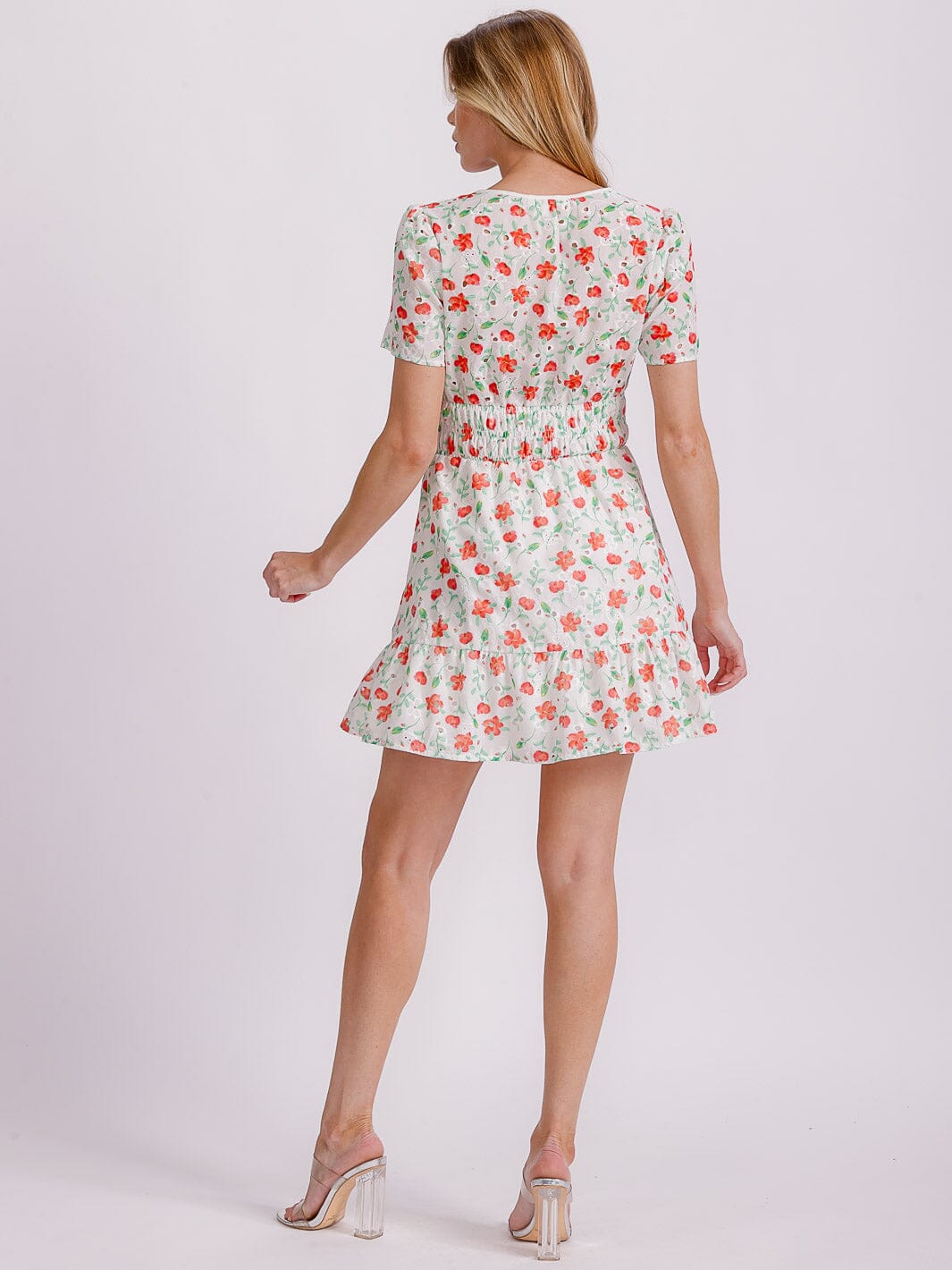 WOMEN'S SHORT SLEEVE V-NECK SMOCK WAIST EYELET FLORAL MINI DRESS