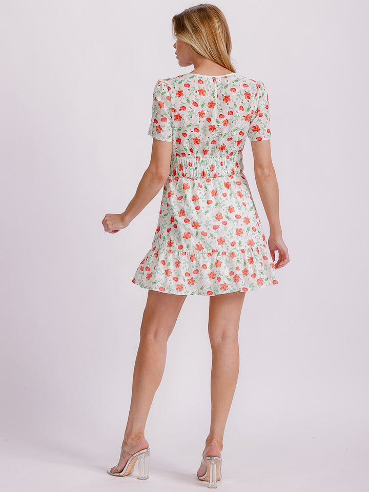 WOMEN'S SHORT SLEEVE V-NECK SMOCK WAIST EYELET FLORAL MINI DRESS