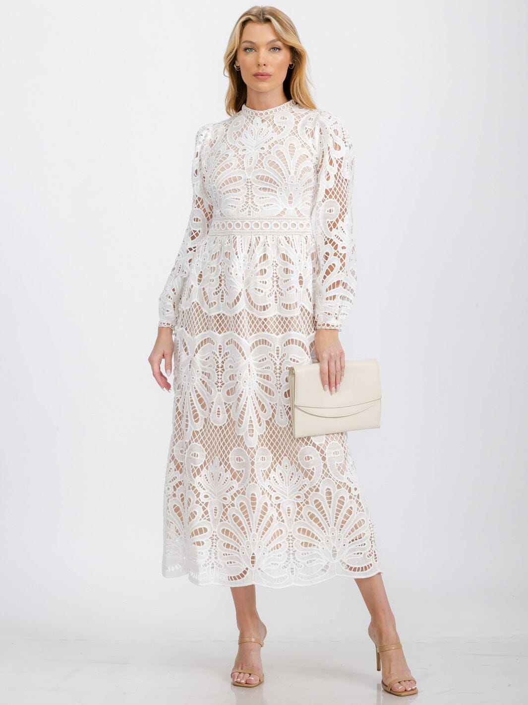WOMEN'S LONG SLEEVE EYELET DETAILED MAXI DRESS