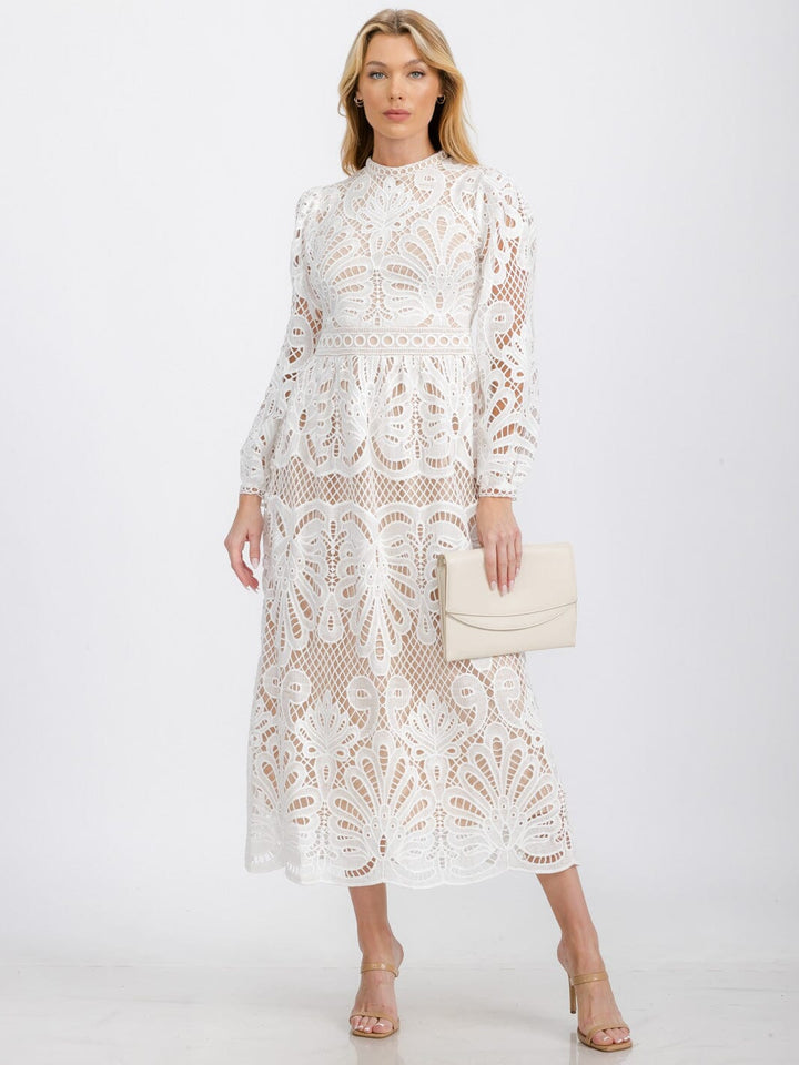 WOMEN'S LONG SLEEVE EYELET DETAILED MAXI DRESS