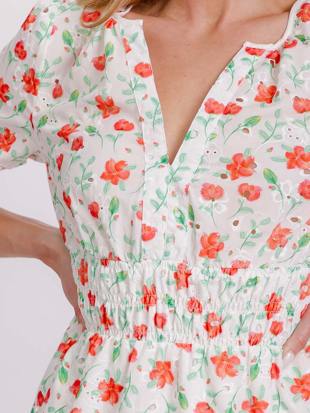 WOMEN'S SHORT SLEEVE V-NECK SMOCK WAIST EYELET FLORAL MINI DRESS