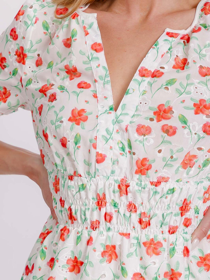 WOMEN'S SHORT SLEEVE V-NECK SMOCK WAIST EYELET FLORAL MINI DRESS