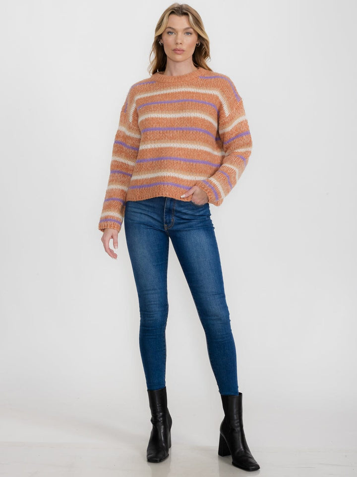 WOMEN'S LONG SLEEVE STRIPES COLORBLOCK PULLOVER SWEATER