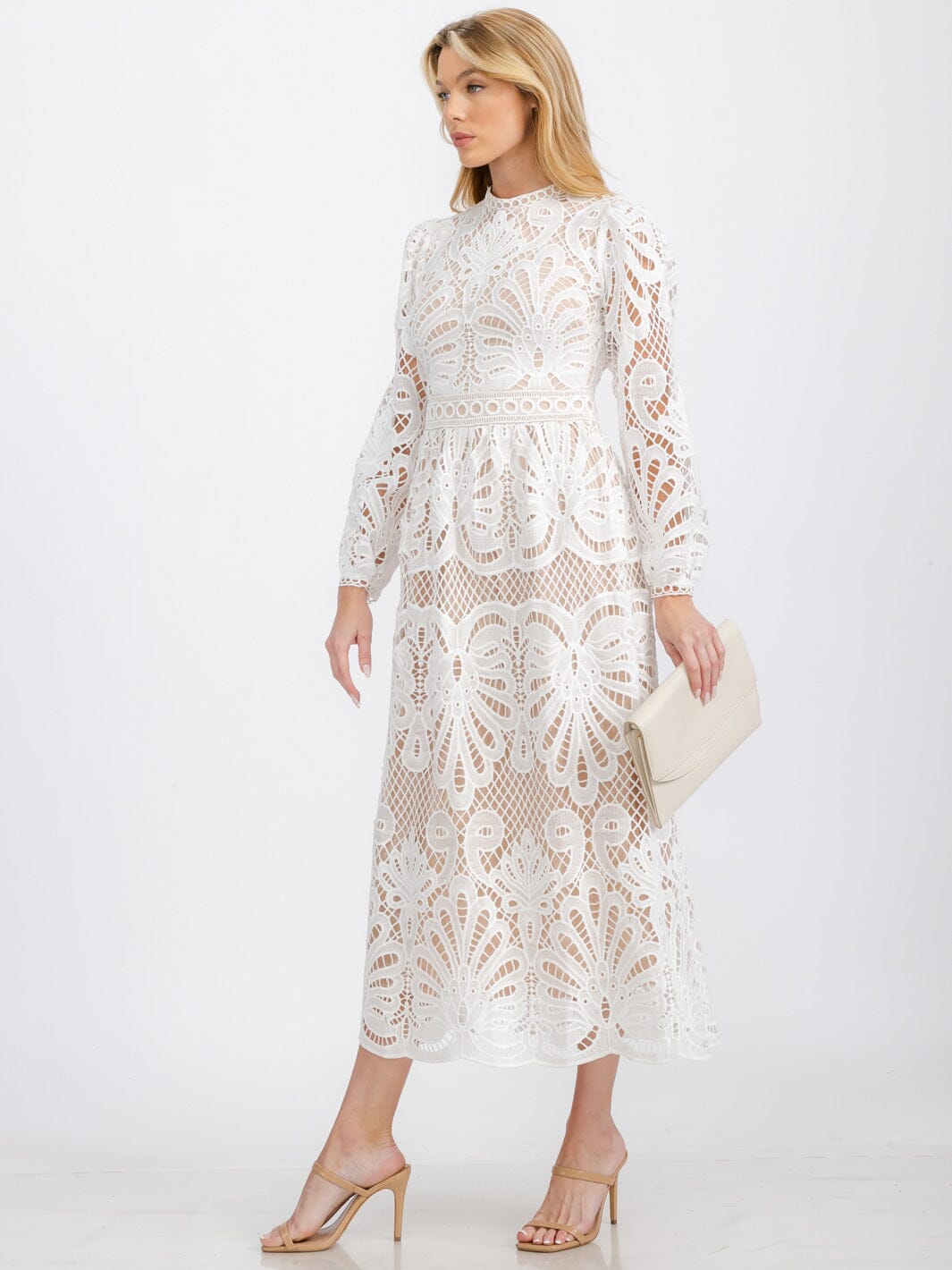 WOMEN'S LONG SLEEVE EYELET DETAILED MAXI DRESS