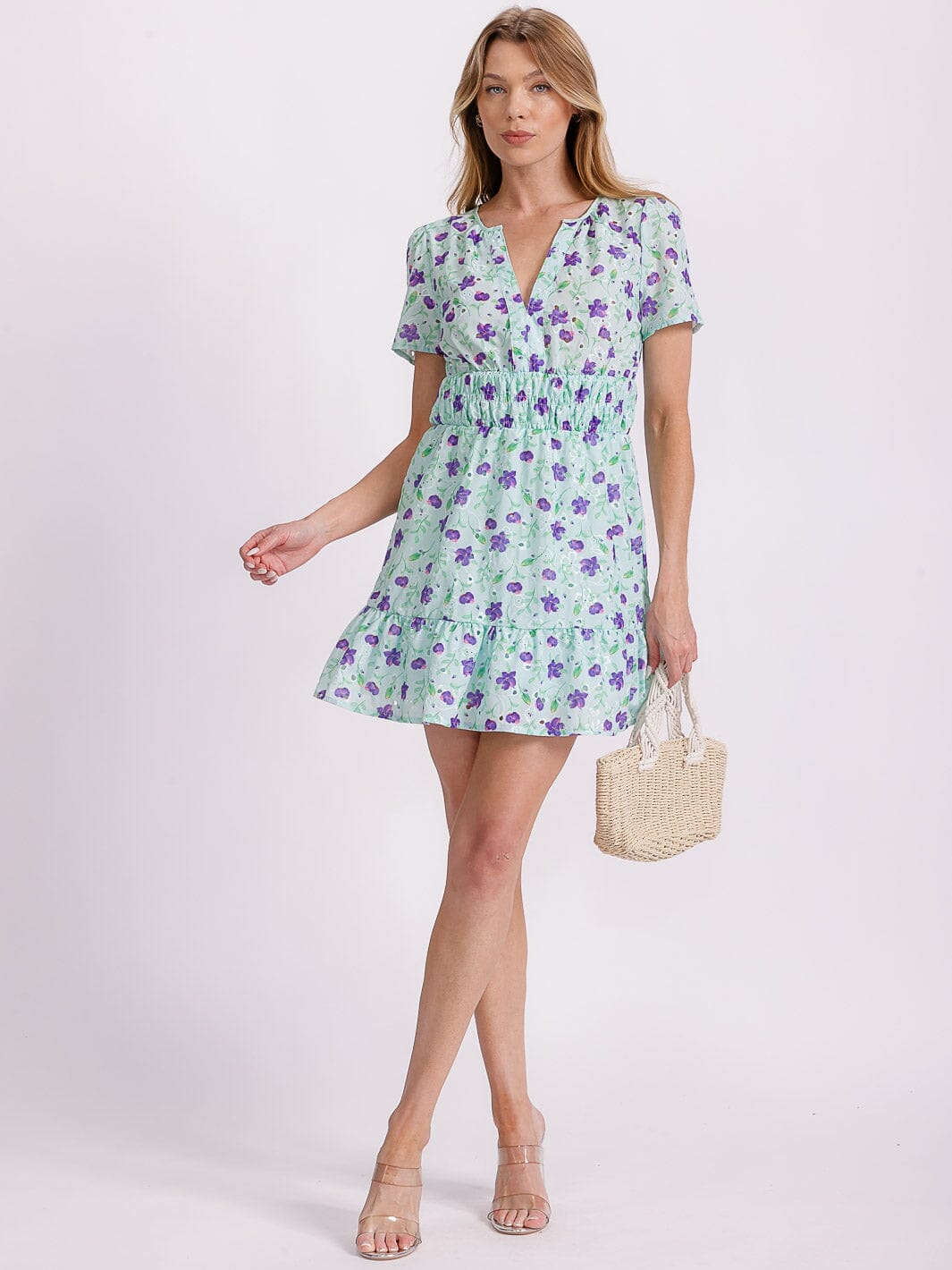 WOMEN'S SHORT SLEEVE V-NECK SMOCK WAIST EYELET FLORAL MINI DRESS