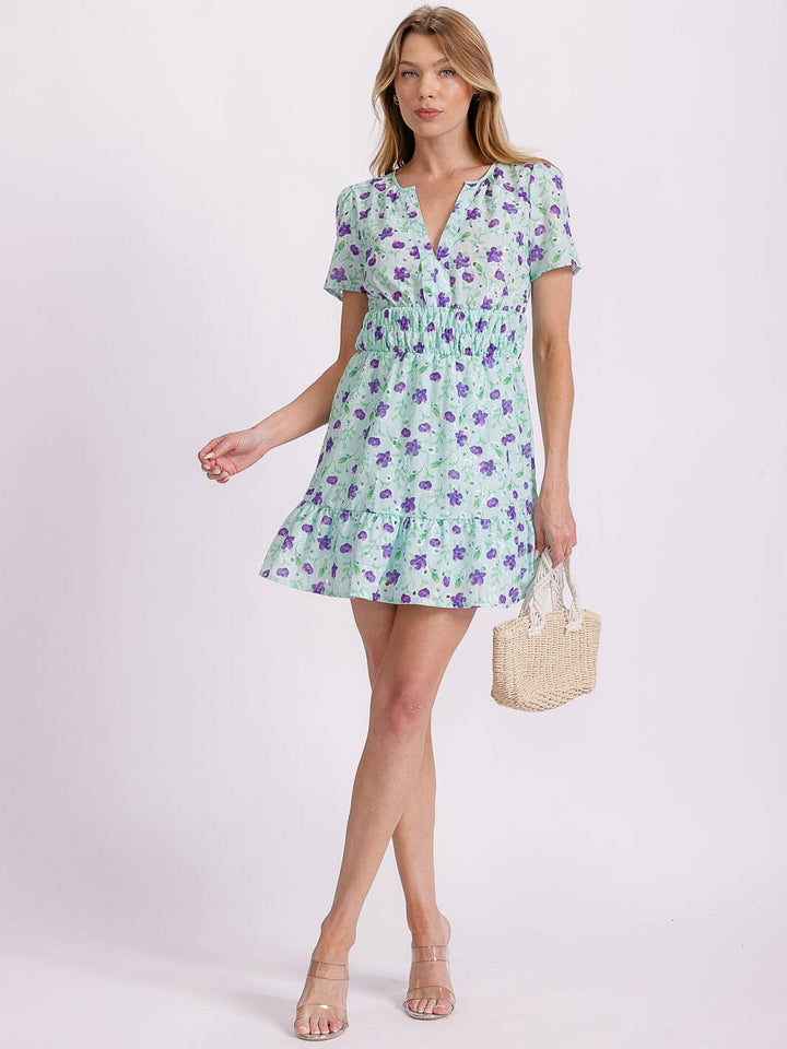 WOMEN'S SHORT SLEEVE V-NECK SMOCK WAIST EYELET FLORAL MINI DRESS