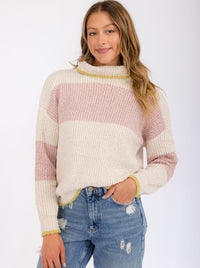 WOMEN'S LONG SLEEVE COLORBLOCK STRIPES TURTLE NECK PULLOVER SWEATER