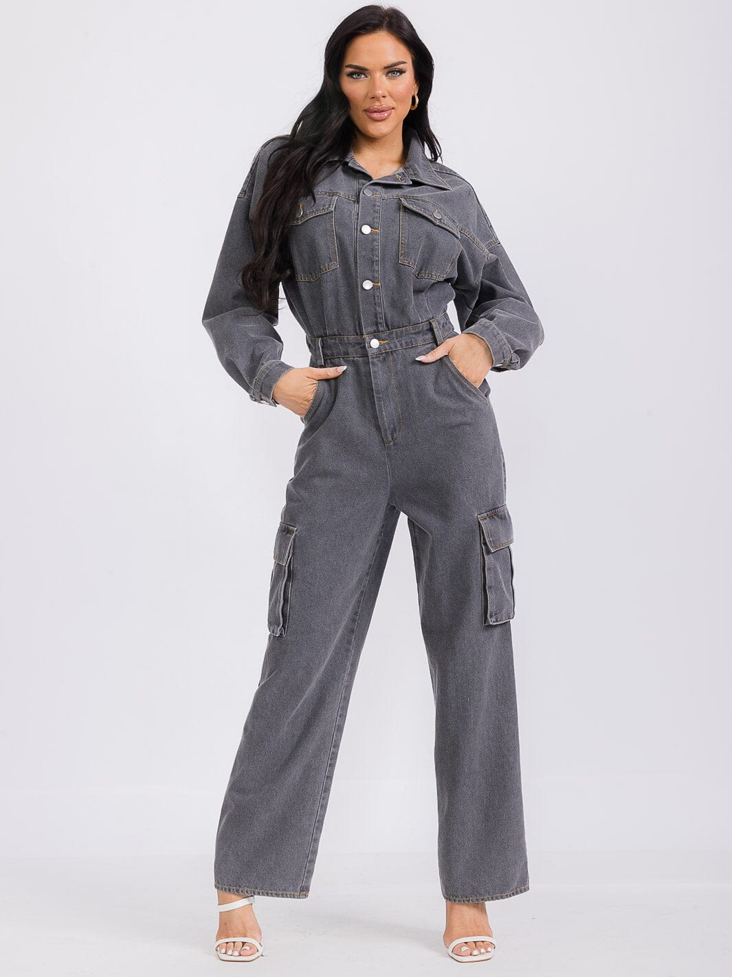 WOMEN'S LONG SLEEVE POCKETS BUTTON UP WIDE LEG DENIM JUMPSUIT
