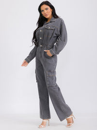 WOMEN'S LONG SLEEVE POCKETS BUTTON UP WIDE LEG DENIM JUMPSUIT