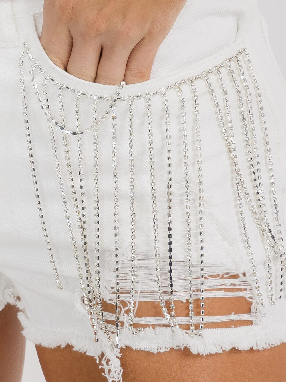 WOMEN'S BUTTON CLOSURE STUDS FRINGE POCKETS DISTRESS DENIM MINI SHORTS