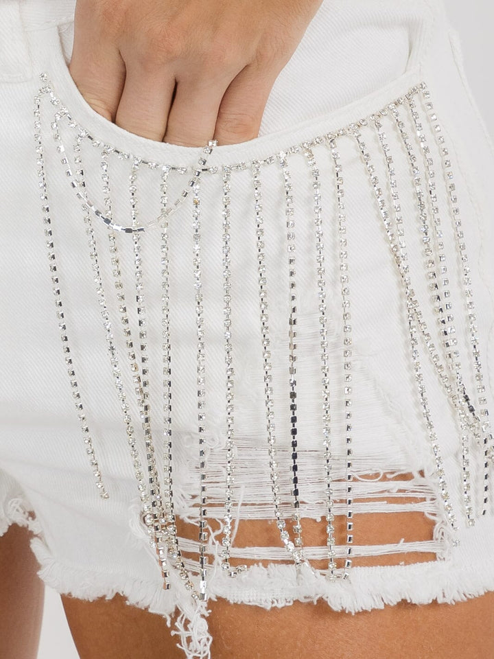 WOMEN'S BUTTON CLOSURE STUDS FRINGE POCKETS DISTRESS DENIM MINI SHORTS