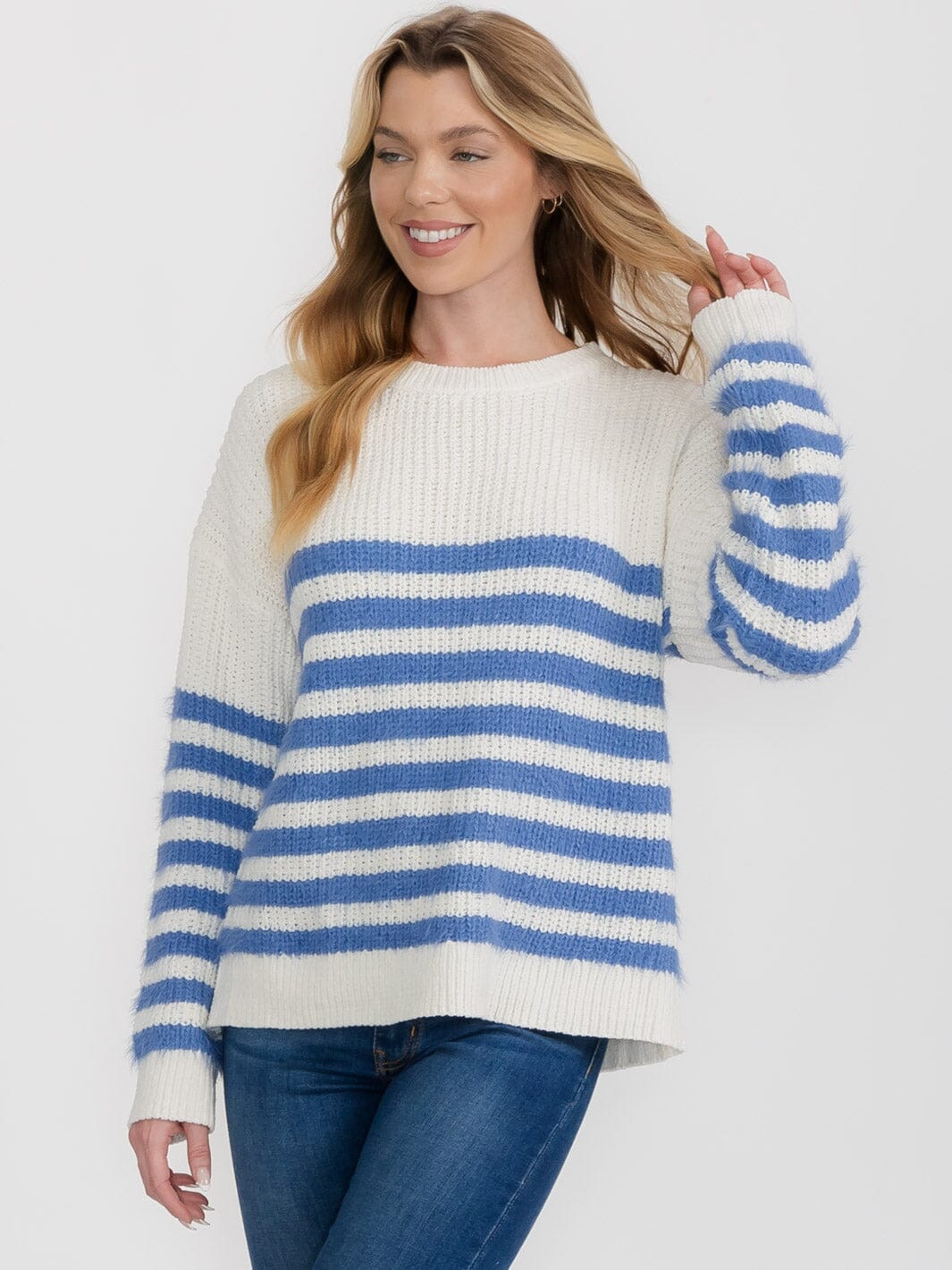 WOMEN'S LONG SLEEVE COLORBLOCK STRIPES PULLOVER SWEATER