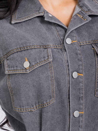 WOMEN'S LONG SLEEVE POCKETS BUTTON UP WIDE LEG DENIM JUMPSUIT