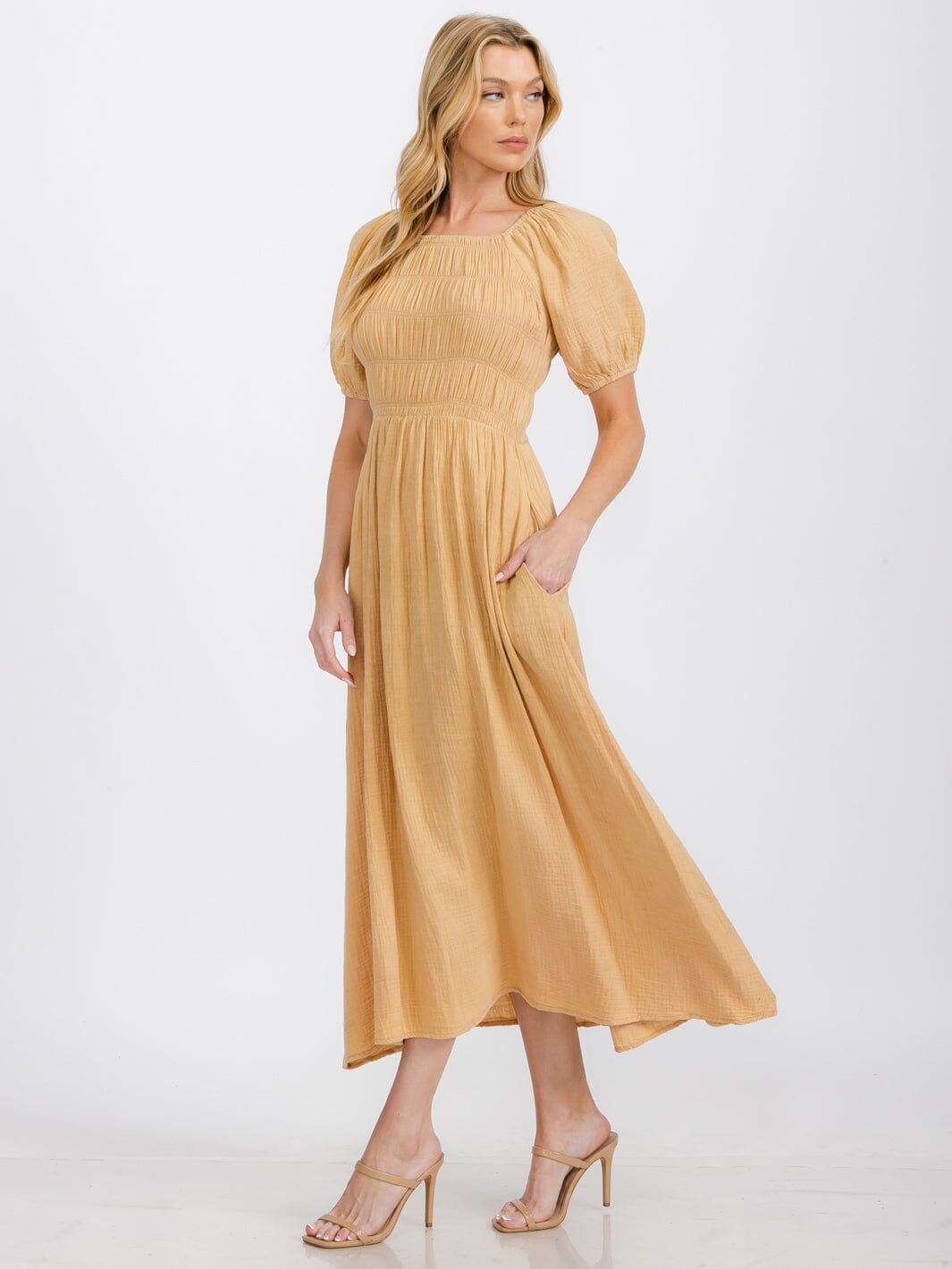 WOMEN'S SHORT PUFF SLEEVE SMOCK FRONT POCKETS MAXI DRESS