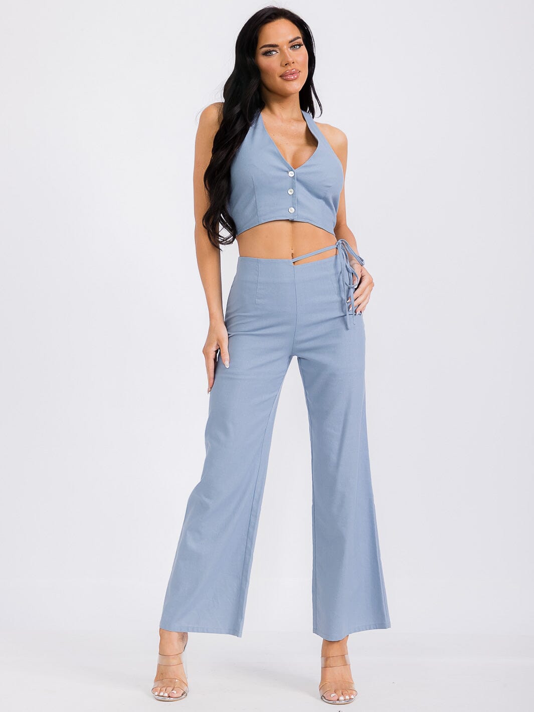 WOMEN'S SMOCK CROP TOP & WIDE LEG PANTS SOLID 2PC. SET