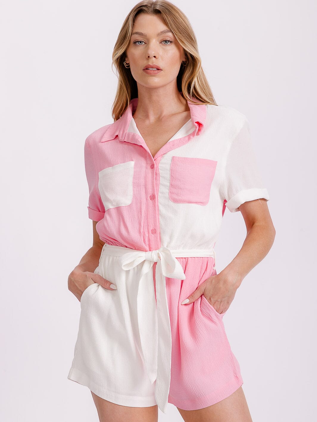 WOMEN'S SHORT SLEEVE FRONT POCKETS BUTTON UP COLORBLOCK ROMPER