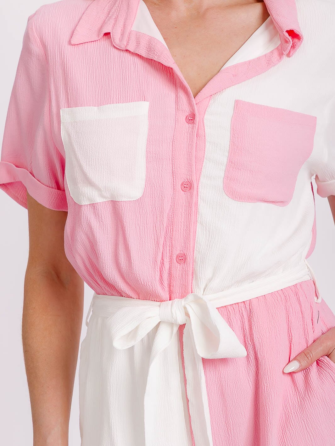 WOMEN'S SHORT SLEEVE FRONT POCKETS BUTTON UP COLORBLOCK ROMPER
