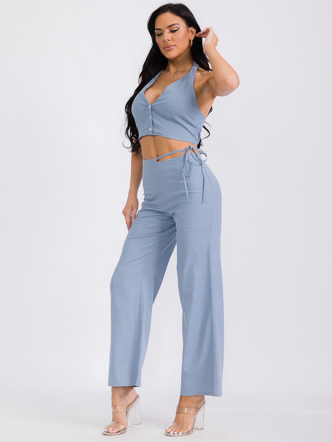 WOMEN'S SMOCK CROP TOP & WIDE LEG PANTS SOLID 2PC. SET