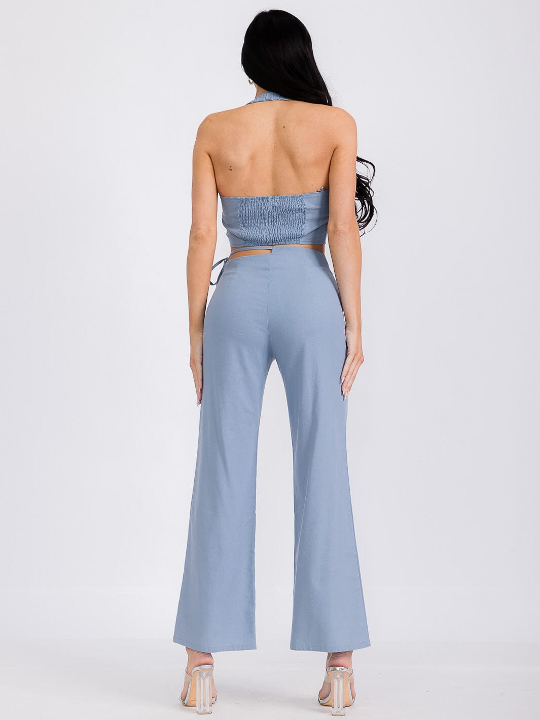 WOMEN'S SMOCK CROP TOP & WIDE LEG PANTS SOLID 2PC. SET