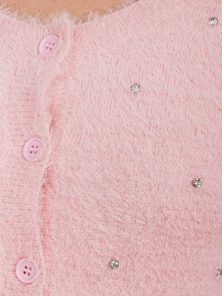 WOMEN'S LONG SLEEVE BUTTON UP FUZZY STUDS SWEATER
