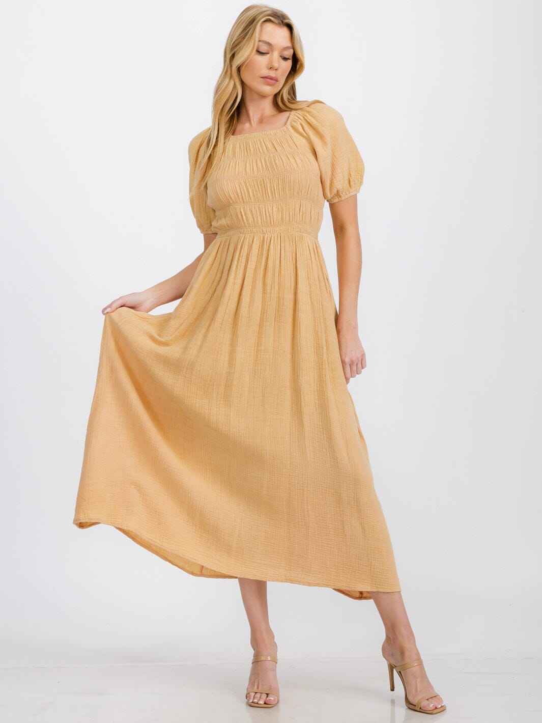 WOMEN'S SHORT PUFF SLEEVE SMOCK FRONT POCKETS MAXI DRESS