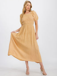 WOMEN'S SHORT PUFF SLEEVE SMOCK FRONT POCKETS MAXI DRESS