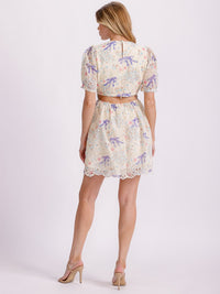 WOMEN'S SHORT PUFF SLEEVE CUT OUT BACK EYELET FLORAL MINI DRESS