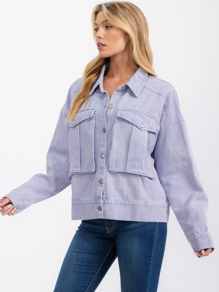 WOMEN'S LONG SLEEVE BUTTON UP FRONT POCKETS WASHED DENIM JACKET