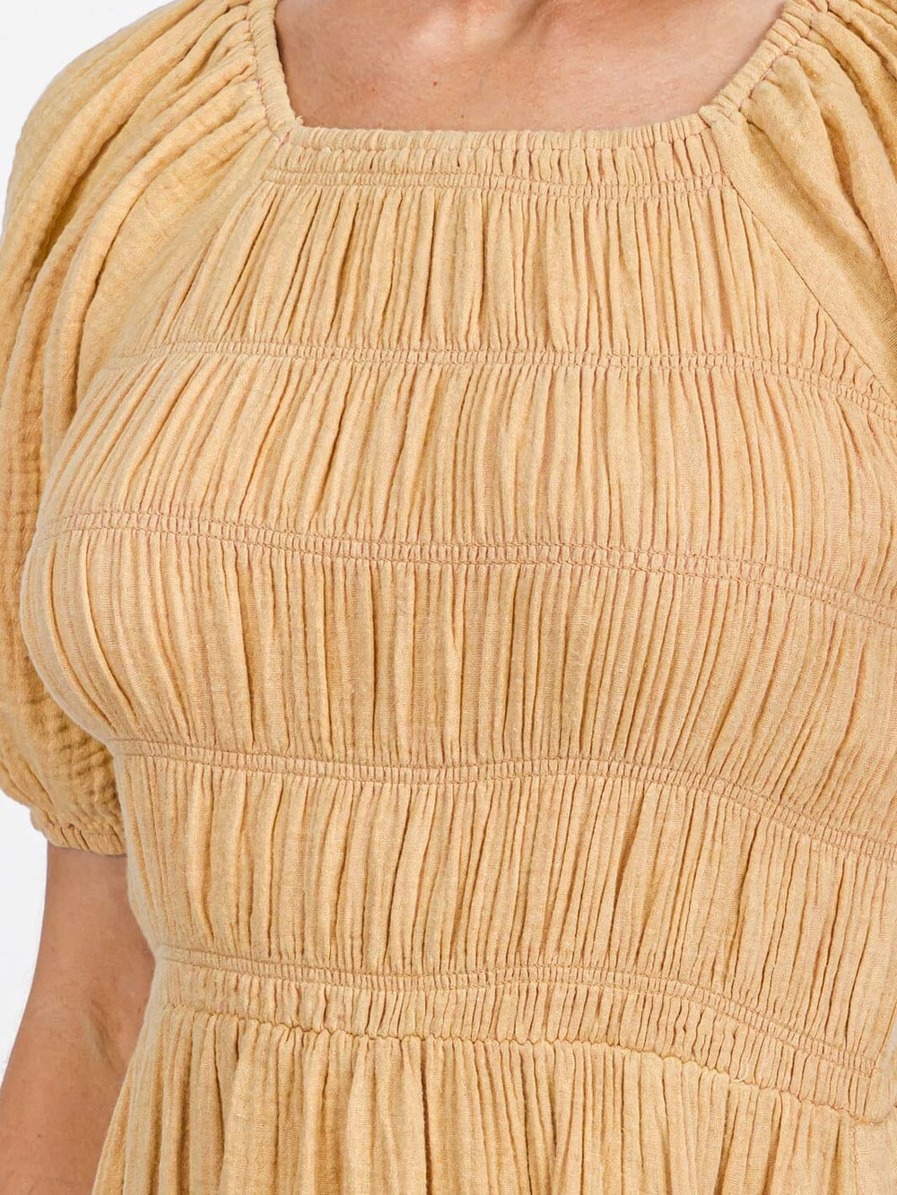 WOMEN'S SHORT PUFF SLEEVE SMOCK FRONT POCKETS MAXI DRESS