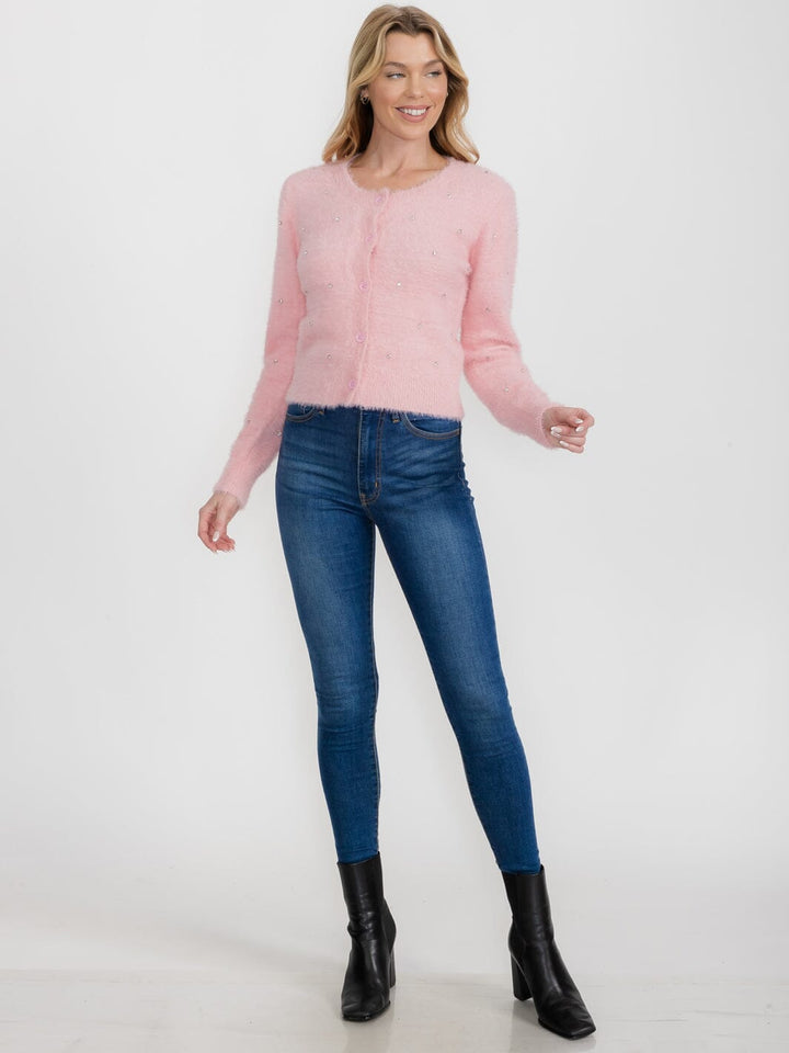 WOMEN'S LONG SLEEVE BUTTON UP FUZZY STUDS SWEATER