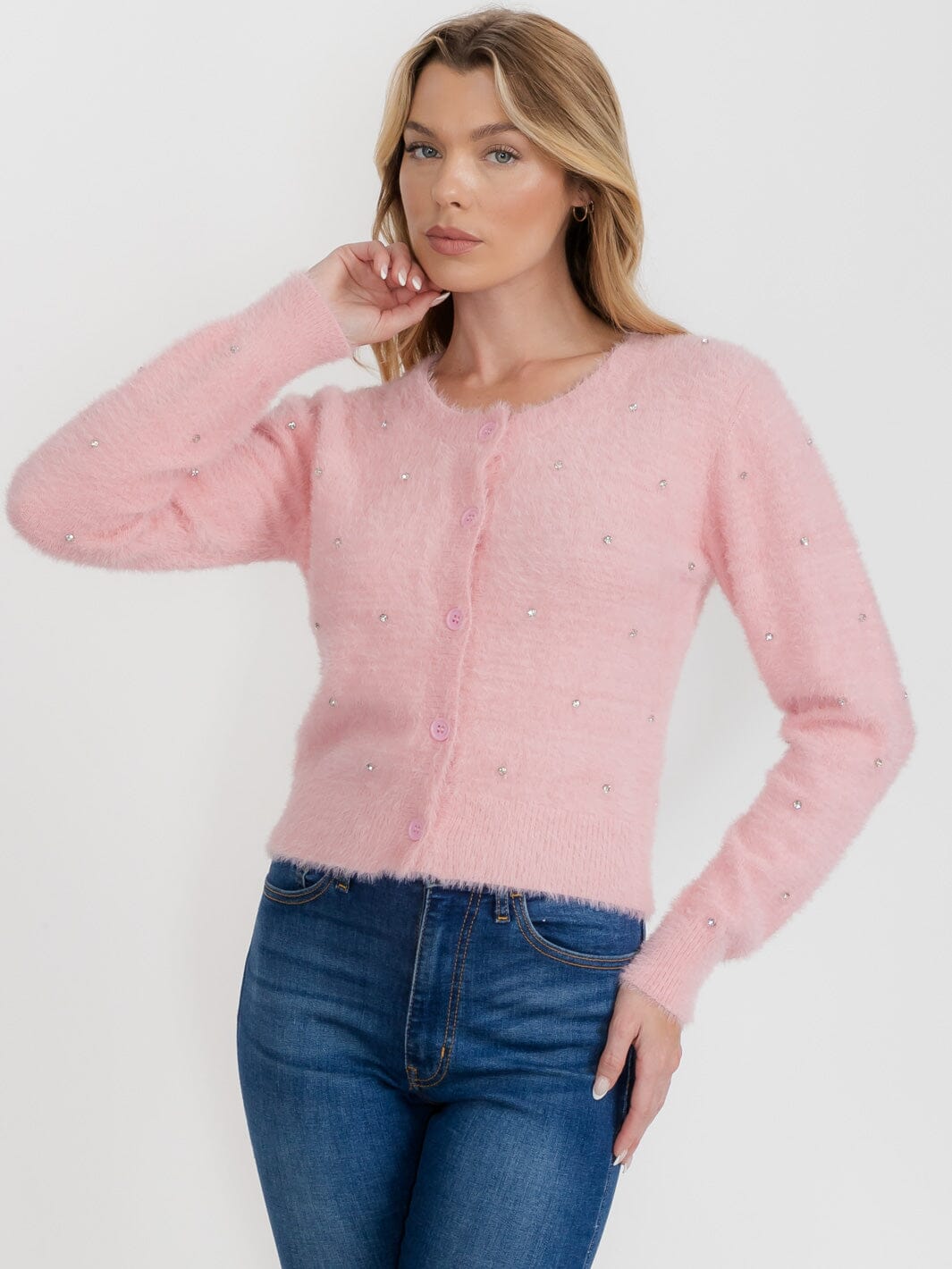 WOMEN'S LONG SLEEVE BUTTON UP FUZZY STUDS SWEATER