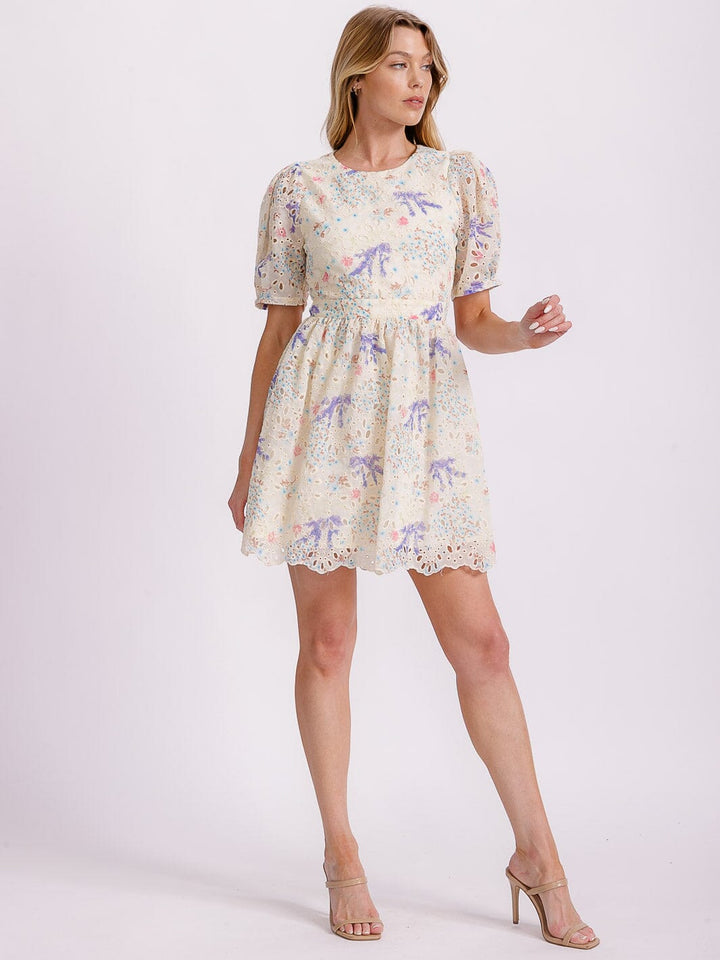 WOMEN'S SHORT PUFF SLEEVE CUT OUT BACK EYELET FLORAL MINI DRESS