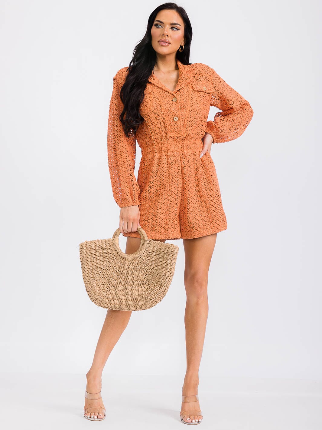 WOMEN'S LONG SLEEVE BUTTON UP FRONT POCKETS KNITTED ROMPER
