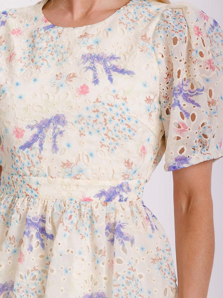 WOMEN'S SHORT PUFF SLEEVE CUT OUT BACK EYELET FLORAL MINI DRESS