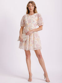 WOMEN'S SHORT PUFF SLEEVE CUT OUT BACK EYELET FLORAL MINI DRESS