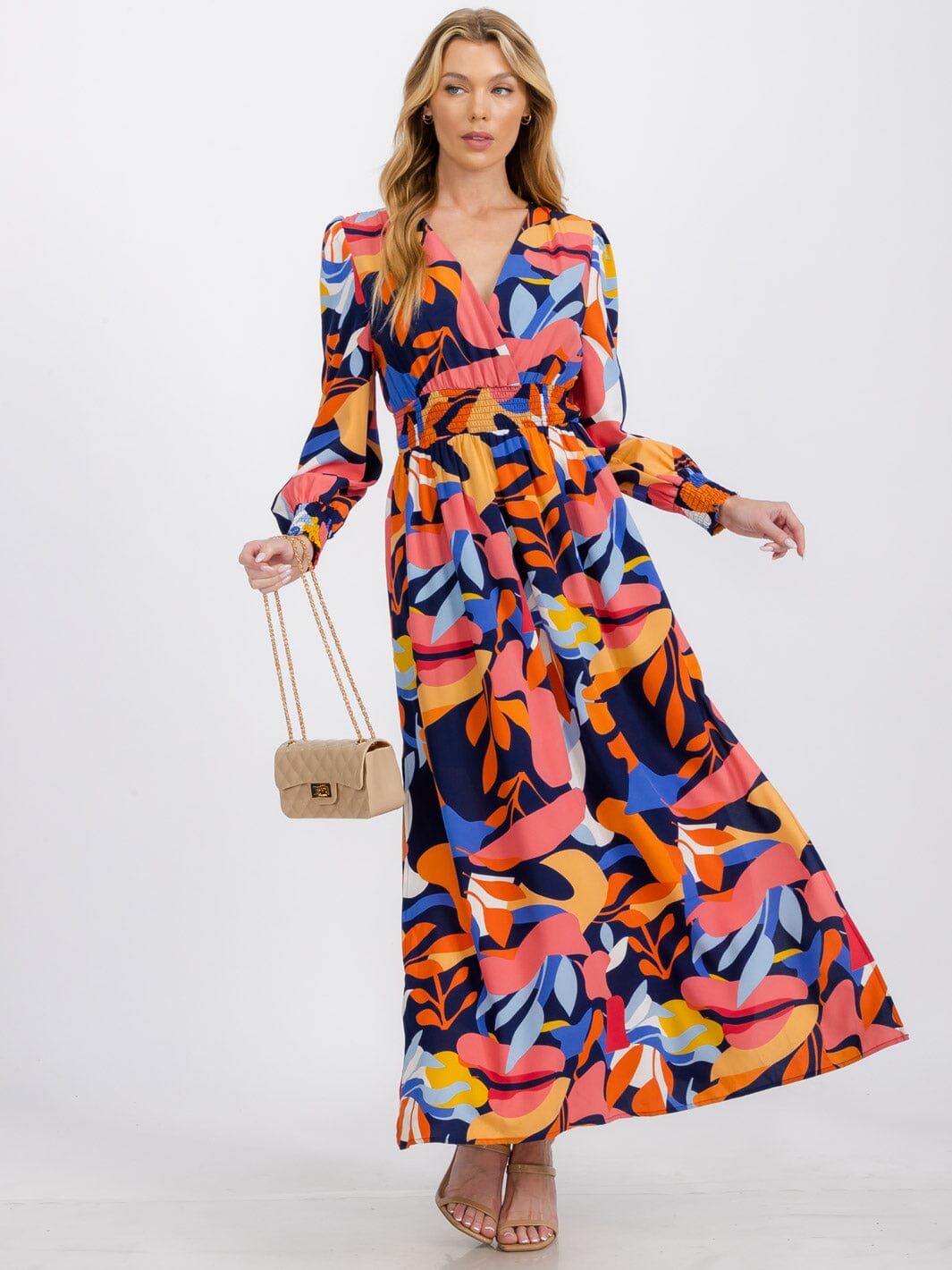 WOMEN'S LONG SLEEVE SURPLICE ELASTIC WAIST MULTI PRINT MAXI DRESS