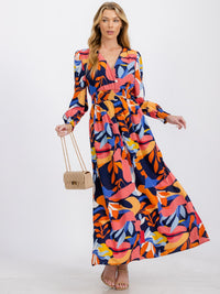 WOMEN'S LONG SLEEVE SURPLICE ELASTIC WAIST MULTI PRINT MAXI DRESS
