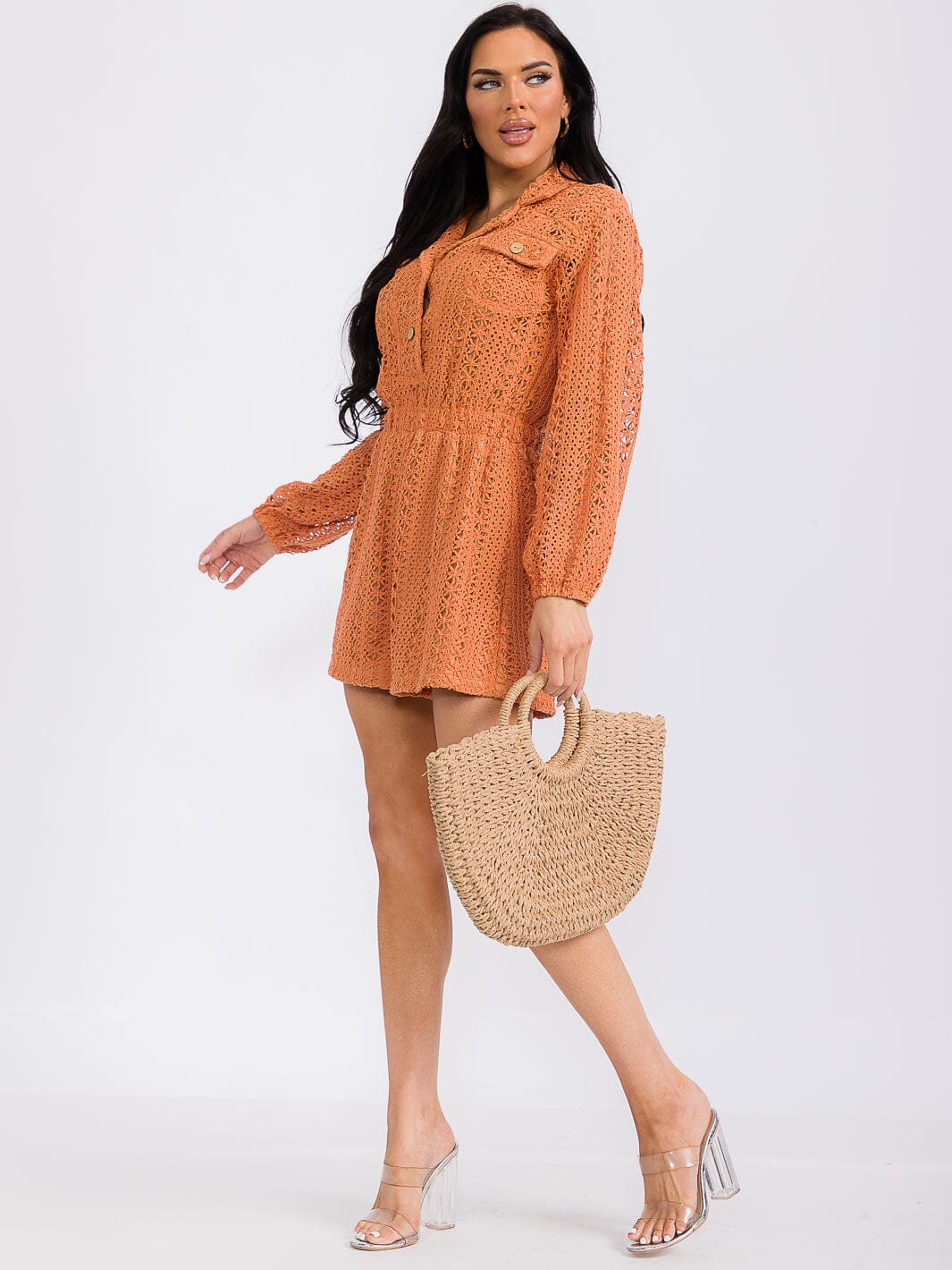 WOMEN'S LONG SLEEVE BUTTON UP FRONT POCKETS KNITTED ROMPER