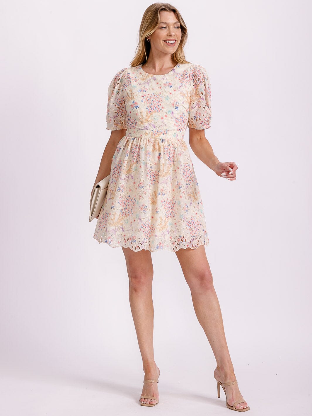 WOMEN'S SHORT PUFF SLEEVE CUT OUT BACK EYELET FLORAL MINI DRESS