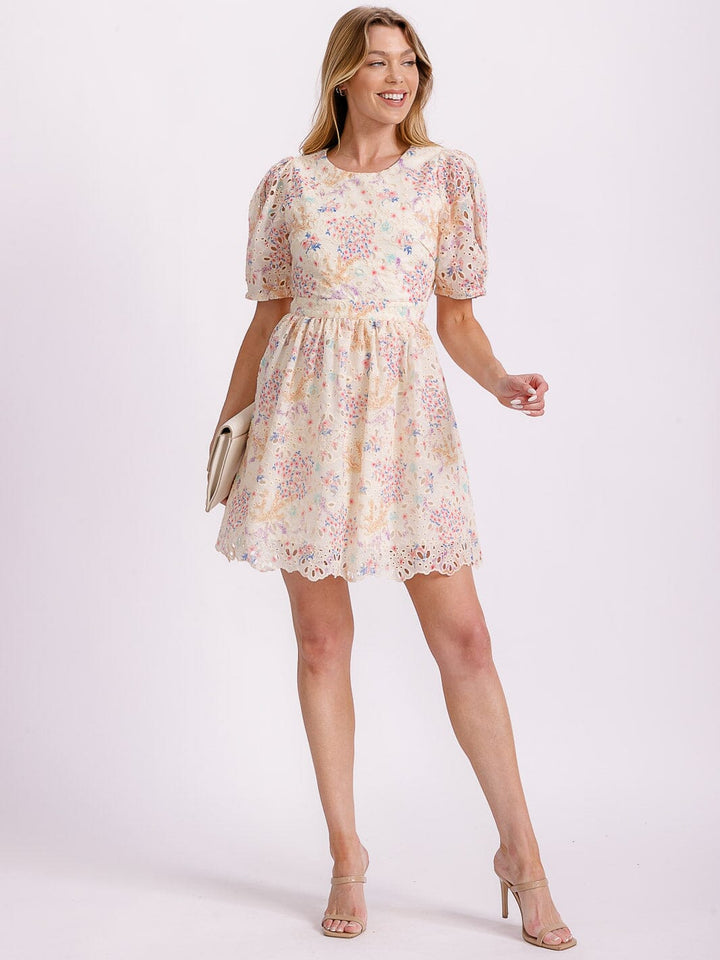WOMEN'S SHORT PUFF SLEEVE CUT OUT BACK EYELET FLORAL MINI DRESS
