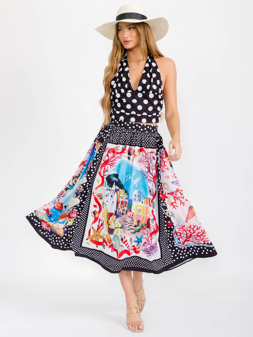 WOMEN'S SLEEVELESS CROP TOP & XIP UP MAXI SKIRT MULTI PRINT 2PC. SET