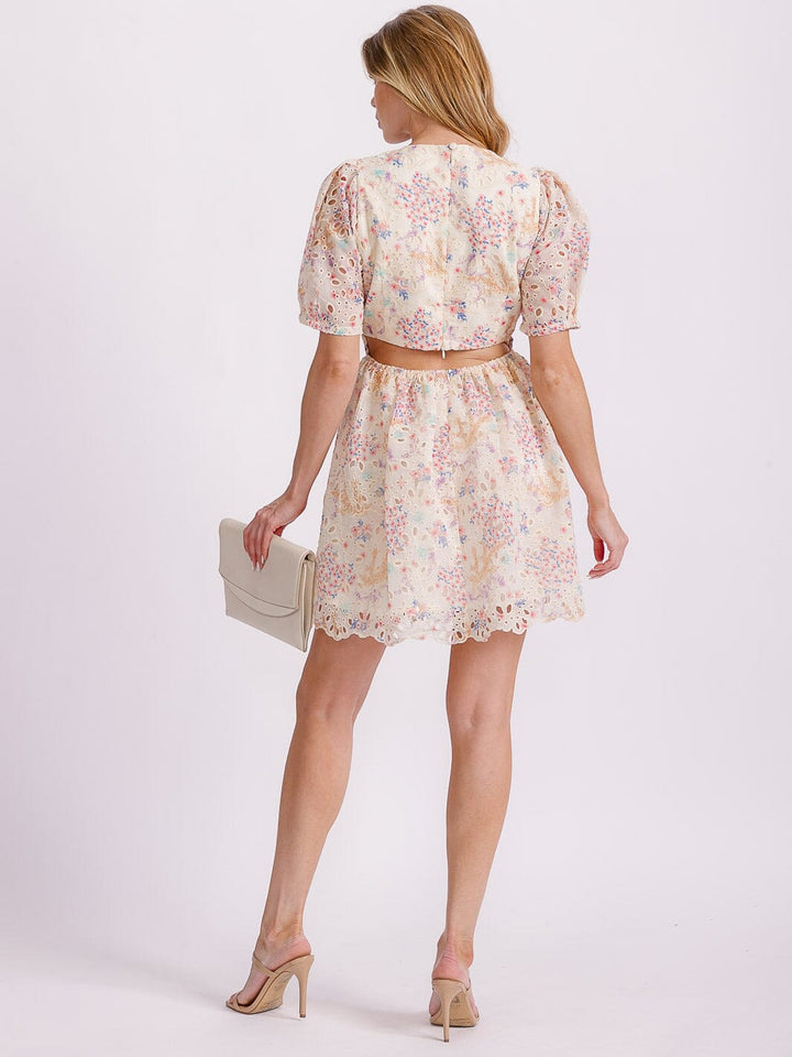 WOMEN'S SHORT PUFF SLEEVE CUT OUT BACK EYELET FLORAL MINI DRESS