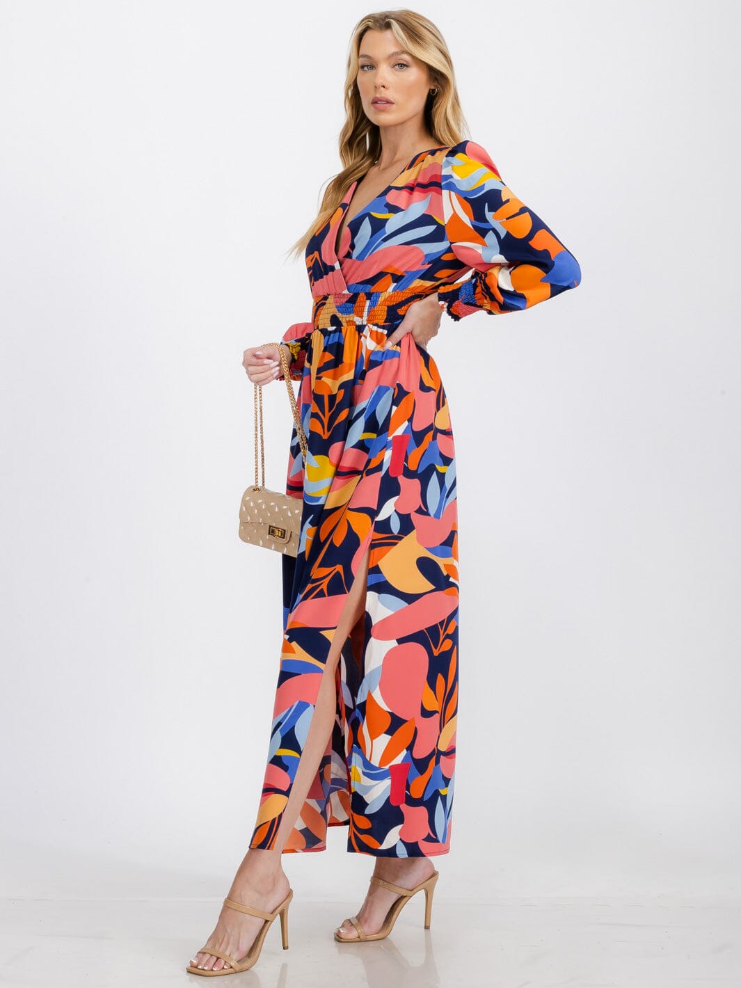 WOMEN'S LONG SLEEVE SURPLICE ELASTIC WAIST MULTI PRINT MAXI DRESS