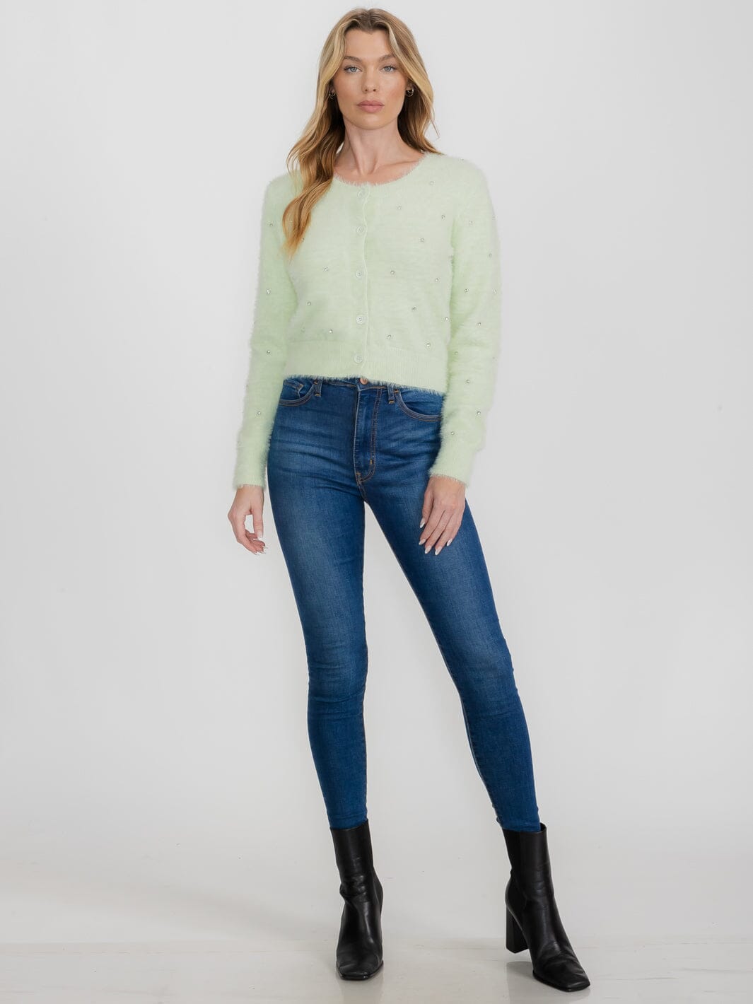 WOMEN'S LONG SLEEVE BUTTON UP FUZZY STUDS SWEATER